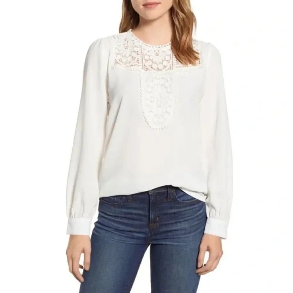 🌹 HALOGEN 🌹 Lace & Crepe Long Sleeve Blouse - [Small, Ivory]